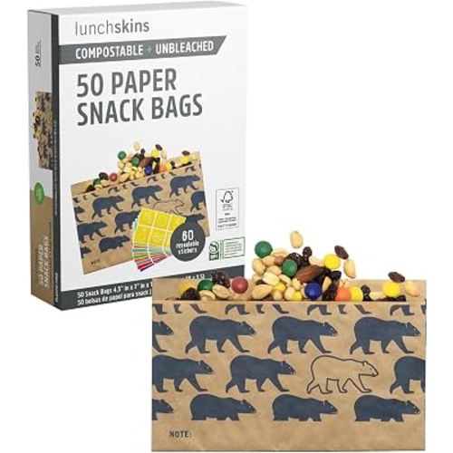 Lunchskins Compostable Snack Bags – 50 Count | Bear Design | Eco-Friendly Food Storage Bags Made from Unbleached Kraft Paper with Recyclable Resealable Stickers