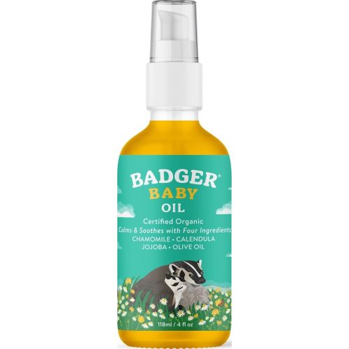 Badger Baby Oil, 100% Organic Ingredients to Soften & Moisturize Dry Skin or Cradle Cap, Soothing Vegan Organic Baby Oil, 4 fl oz Glass Bottle
