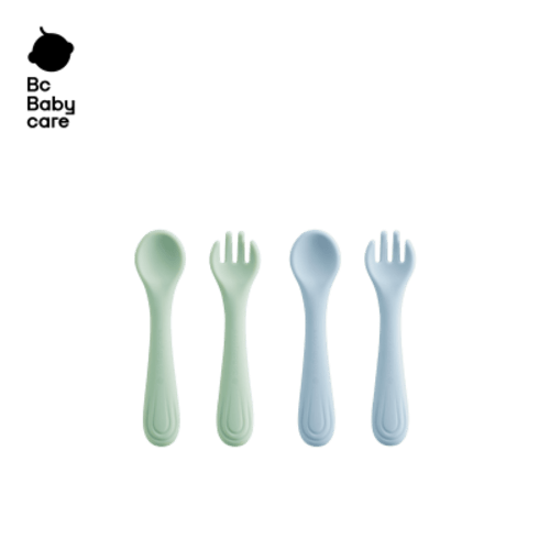 BC Babycare Toddler Tiny Grip Silicone Forks and Spoons, 4 pack,Green and Blue