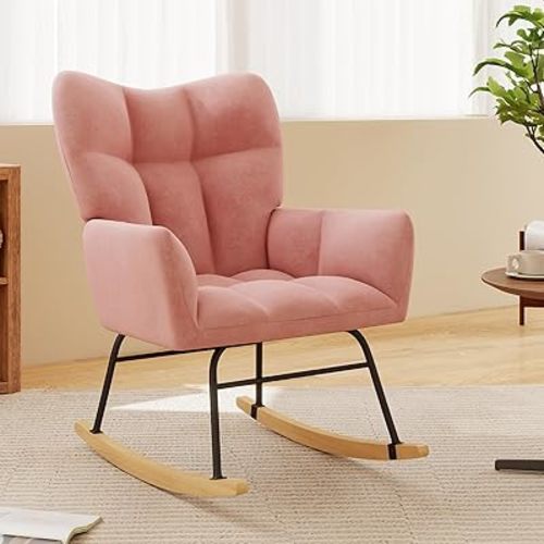 Nursery Rocking Chair, Rocking Chairs for Nursery, Baby Rocker Chair, Glider Rocker, Anti-Tip Safety Design, 440 Lb Weight Capacity, Cotton Fabric Cover, Pink