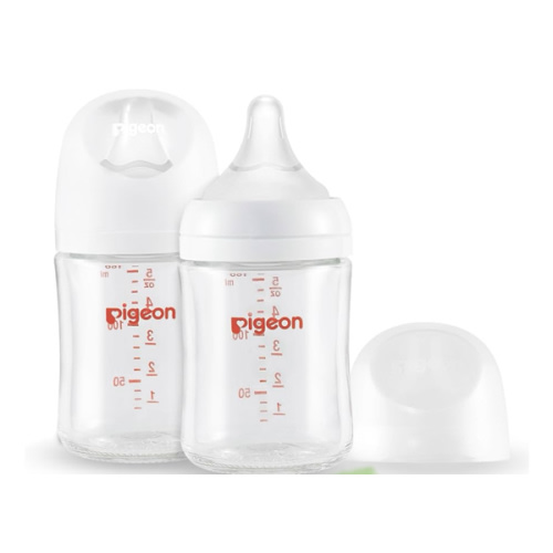 Pigeon Glass Nursing Bottle Wide Neck, Anti-Colic, Streamlined Body, Natural Feel, Easy to Clean, Heat-Resistant, 5.4 Oz(Pack of 2), Includes 2pcs SS Nipples (0m+)