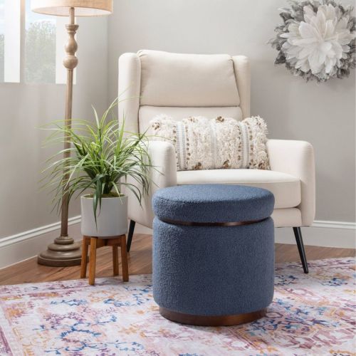 18" Blanche Transitional Round Wood and Boucle Upholstered Storage Ottoman Blue/Gray/Walnut - Linon
