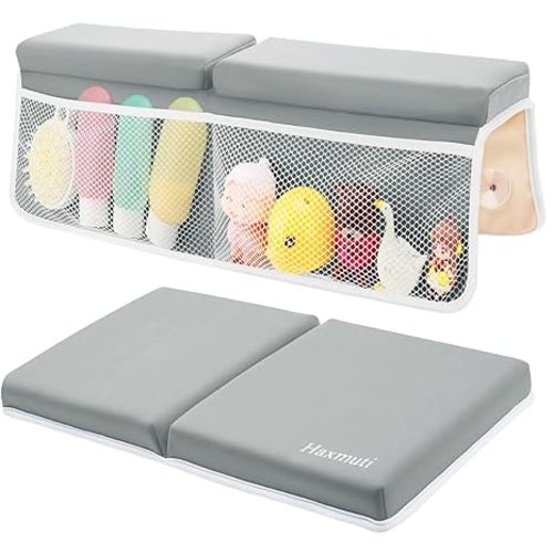 Bath Kneeler and Elbow Rest Pad Set, Thick and Quick Dry Kneeling Pad Support for Knee and Arm, Extra Large Baby Bath Kneeler Pads Bathtub Mat with Toys Organizer for Baby Bath Time, Grey