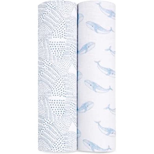 aden + anais Boutique Organic Cotton Muslin Swaddle 2 Pack, Breathable Baby Receiving Blanket, Soft and Lightweight Wrap, Diaper Bag Must Have, Oceanic