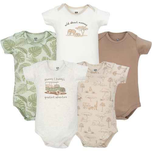 Hudson Baby Infant Boys Cotton Bodysuits 5-Pack, Beige Safari, 0-3 Months