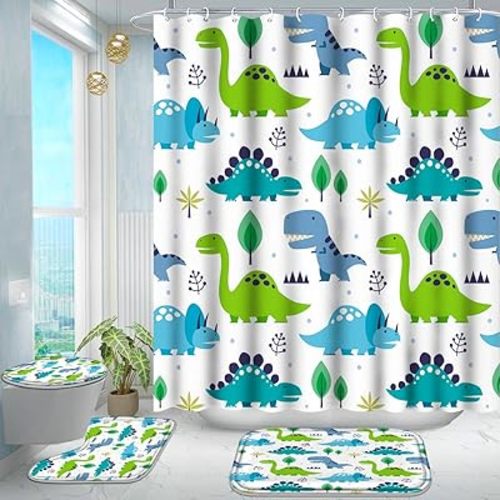 Poedist 4 Pcs Bathroom Shower Curtain Set, Fresh Cartoon Dinosaur Style