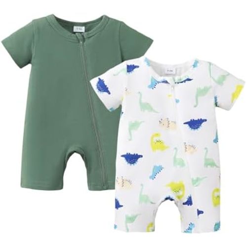 Newborn Baby Boy Clothes Summer Infant Boy Outfits Dinosaur Short Sleeve Zipper Rompers Jumpsuits Bodysuit 2 Pack