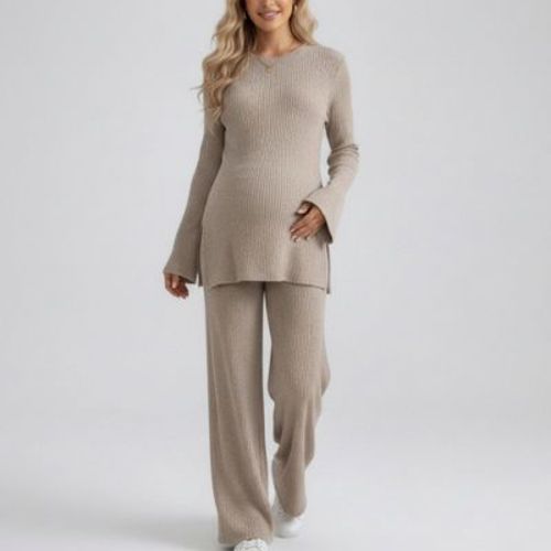 Anna-Kaci Women's Maternity 2 Piece Lounge Set Ribbed Knit Long Sleeve Top Wide Leg Pants Matching Set - Medium, Khaki