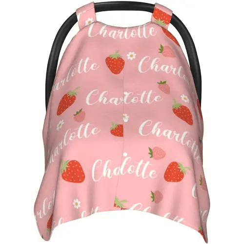 Custom Name Baby Car Seat Cover Strawberry – Personalized Nursing Cover, Stroller Canopy, Breastfeeding Privacy Cover, Multi-Use Infant Blanket, Shower Gift for Baby Girls