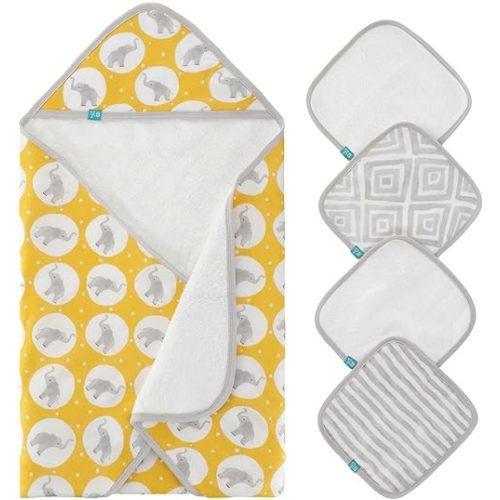 Featherhead™ 5-Piece 100% Cotton Muslin Hooded Bath Towel & Washcloths Unisex Set for Baby Boy & Girl - Ultra Soft and Extra Absorbent - Newborn Essential & Perfect Baby Registry Gift (Grey Elephant)