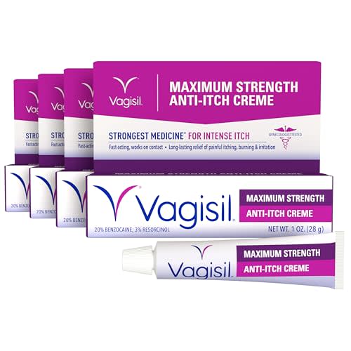Vagisil Maximum Strength Feminine Anti-Itch Cream with Benzocaine for Women, Helps Relieve Yeast Infection Irritation, Gynecologist Tested, Fast-acting, Soothes and Cools Skin, 1 oz (Pack of 4)