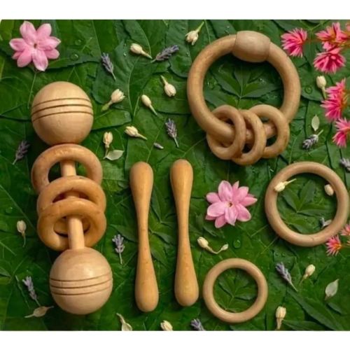 Natural Wood Neem Wooden Teether Set for Babies, Ring Rattle and Grasping Toy