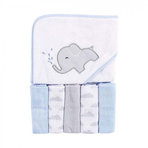 Luvable Friends Baby Boy Hooded Towel with Five Washcloths, Elephant Spray, One Size