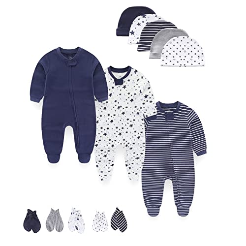 MAMIMAKA Baby Boy Girls Clothes 2-Way Zip Footed Long Sleeve 100% Cotton,Newborn Caps and Scratch Mittens Set 0-6 Months
