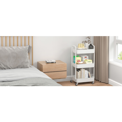 Sywhitta 3-Tier Plastic Rolling Utility Cart with Handle, Multi-Functional Storage Trolley for Office, Living Room, Kitchen, Movable Storage Organizer with Wheels, White - 3-tier