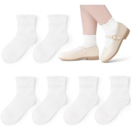 6 Pairs White Girls Ruffle Socks Toddler Kids School Uniform Soft Cotton Frilly Dress Socks Seamless Toe