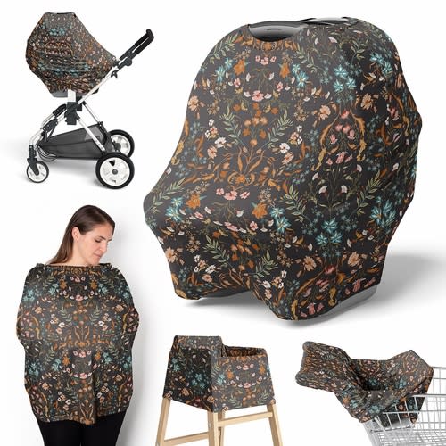 Boho Floral Wildflower Black and Orange Collection Multi Use Baby Car Seat and Nursing Cover
