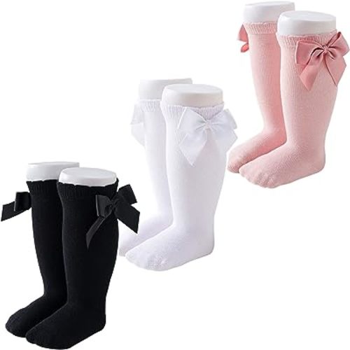 Marchare Baby Girls Knee High Socks Baby Girls Bow Stockings Cotton Uniform Stockings Dress Socks 5 Pack,0-5T