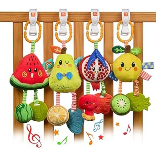 TUMAMA Hanging Toys for Baby Gym, 4 Pack Fruit Crib Stroller Baby Gym Mobile Plush Toys with Teether, Hanging Rattle Toys, Car Seat Toys for Babies 0-6 Months Boy