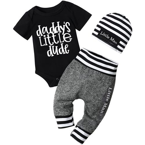 Fommy Newborn Baby Boy Clothes New to The Crew Letter Print Romper+ Pants+Hat 3PCS Outfit