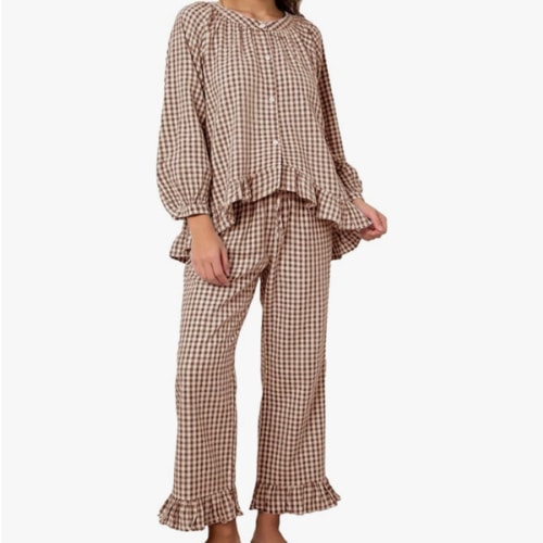 Flygo Womens Plaid Pajamas Sets 2 Piece Cotton Pj Set Puff Sleeve Ruffle Babydoll Shirt Gingham Pants Lounge Sets