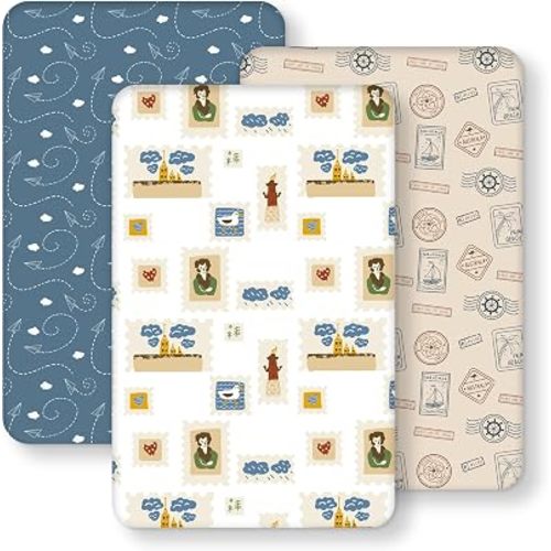 Baby Bedside Bassinet Sheets Fitted, 33”x20” Compatible with Baby Delight Dream On Me & Most Rectangle Bedside Sleeper Bassinet Mattresses, Super Soft Microfiber Blue Brown Stamp