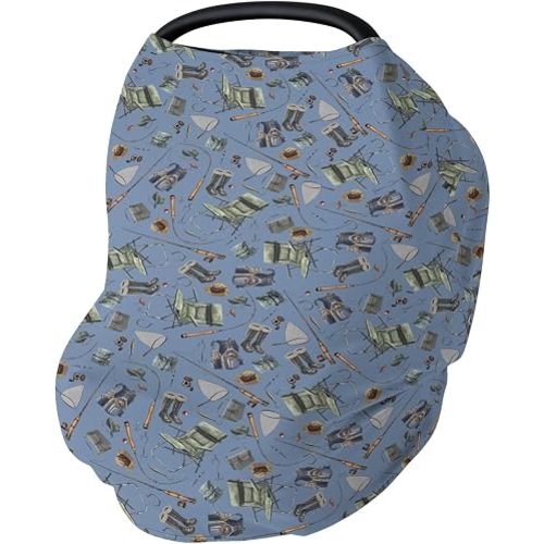 Retro Fishing Gear Car Seat Cover for Babies Trout Fishing Stretchy 5-in-1 Cover Adjustable Infant Carseat Cover Canopy Outdoor Fishing Lovers Gift Breathable Nursing Cover-Up