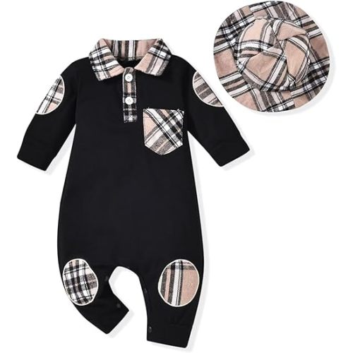 Unutiylo Newborn Baby Boy Romper – Plaid Polo Bodysuit Jumpsuit Long Sleeve Infant clothe Fall Winter Outfits and Sun Hat