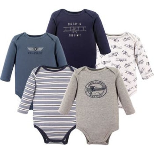 Five-Piece Collection of Long-Sleeve Cotton Bodysuits, 0-3M
