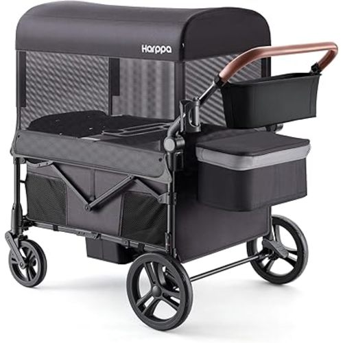 Harppa Remy Wagon Stroller for 4 Kids — 26-Inch Wide Seat Row, One-Hand Fold, 6 Cup Holders, Full Mosquito Mesh Canopy, UPF50+, ASTM F833 Tested by SGS, Dark Gery