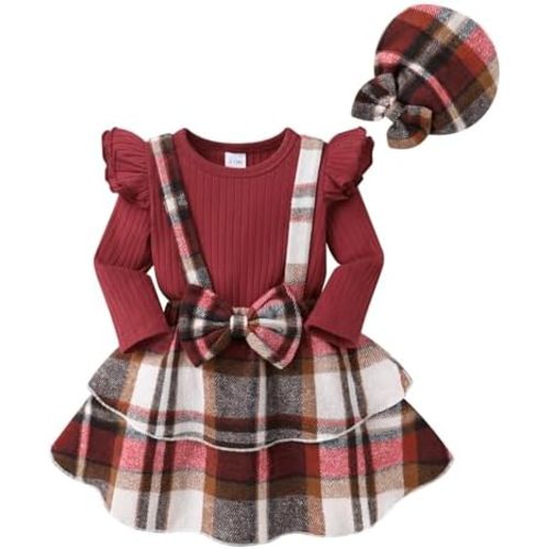 Infant Baby Girl Fall Outfit Ruffle Sleeve Romper Plaid Suspender Skirt Sets Layered Dress with Hat