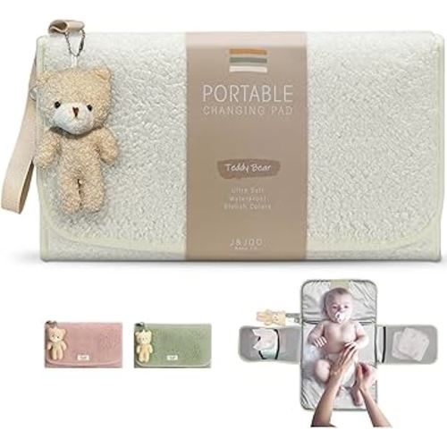 J&Joo Portable Diaper Changing Pad - Ultra Soft, Extra Padded, Waterproof Baby Changer Travel Essential, EZ Access Mesh Pockets, Gift for Baby Shower, Newborn Girls and Boys, 0-12 Months
