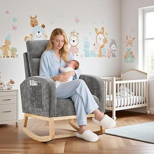 GarveeHome Rocking Chair Nursery, Modern Upholstered Glider Rocker Side Pocket, High Backrest Padded Seat Accent Armchair for Living Room, Nursery, Bedroom