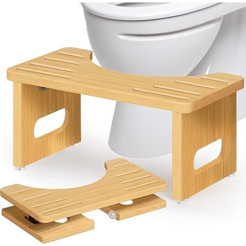 Foldable Toilet Stool, Bamboo Toilet Stool Squat for Adults, 7 Inches Poop Stool for Bathroom, Collapsible Potty Step Stool with Non-Slip Strip, Space-Saving, No Assembly (Natural)