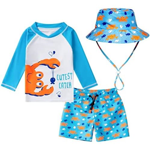 Toddlers and Baby Boys' 3-Piece Swimsuit Trunk Rashguard Set and Sun Hat Swimwear Bathing Suit Sunsuit Swim Shirt UPF 50+