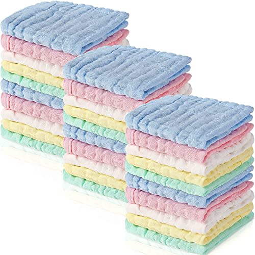 Chumia 30 Pcs Baby Muslin Washcloths Muslin Burp Cloths Baby Towel Natural Cotton Burp Cloths Wipes Soft Newborn Face Towel Absorbent for Face Bath Shower, 12 x 12''(Blue, White, Green, Yellow, Pink)