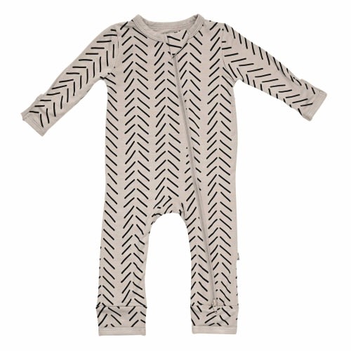 Zippered Romper in Khaki Herringbone