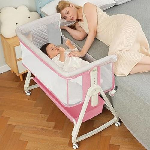 Baby Bassinet, Bedside Sleeper for Baby with Wheels and Storage Basket,All Mesh Portable Bassinet for Newborn,6 Height Adjustable Easy to Assemble Bedside Crib(Upgrade Pink)