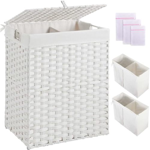 Greenstell Laundry Hamper with 2 Removable Liner Bags,90L Divided Clothes Hamper, Handwoven Synthetic Rattan Foldable Laundry Basket with Lid and Handles White (18.5 x 13.3 x 24.0Inches)
