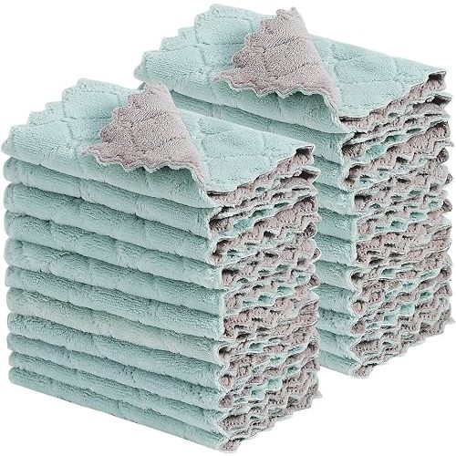 GADIEDIE 20Pcs Kitchen Cloth,Dish Towels,Super Absorbent Coral Fleece Dishtowels,Premium Dishcloths,Nonstick Oil Washable Fast Drying Dish Rags,for Clean Table Dish Glass Pet Paws (Green Gray)