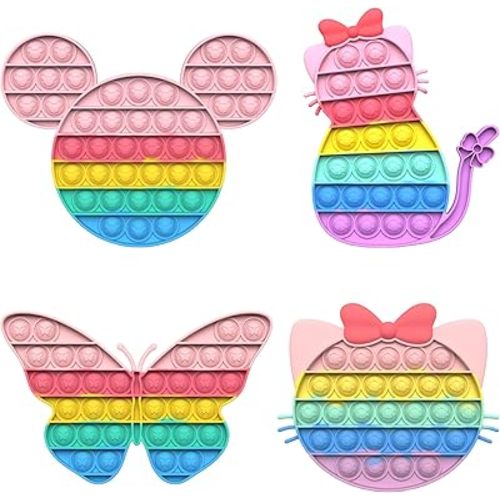 BlueMelon 4-Pack Pop It Fidget Toy Set – Includes Butterfly, Mouse, Kitty Cat Pop It – Fun Sensory Toys for Stress Relief and Focus