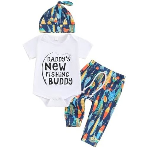 Newborn Baby Boy Girl Summer Clothes Short Sleeve Funny Letters Romper Top Fish Pants Hat 3Pcs Coming Home Outfit