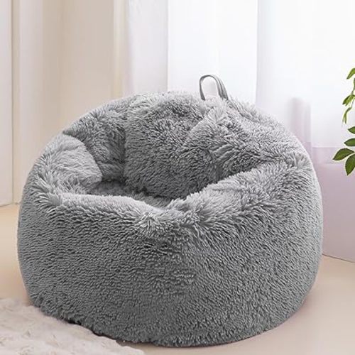 shaggy soft Gray bean bag chair cover, for Living Room (No Filler),Fluffy plush Stuffed Animal Storage Big Gaming Bean Bag Chair Cover ,Furry Fuzzy Decor Home for girls, kids, teens, and adults
