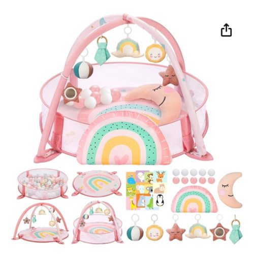 7-in-1 XL Large Baby Play Gym Mat, Tummy Time Mat with Support Pillow, Baby Activity Mat & Ball Pit (10 Balls), 5 Detachable Toys & Milestone Cards, Elephant