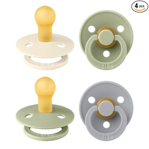 BIBS Colour Soother 4-Pack | BPA Free Dummy Pacifier | Round Nipple | Natural Rubber Latex | Made in Denmark | Size 0-6 Months | Sage Mix