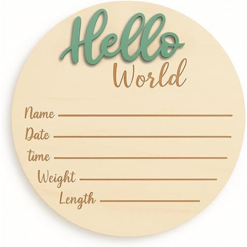 Baby Announcement Sign – 6” Wooden Hello World Newborn Name Sign, Hospital Birth Stat Plaque, Gender-Neutral Welcome Baby Keepsake, Personalized Photo Prop for Boys & Girls, Newborn Gift (Green)