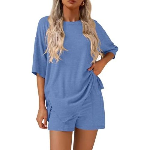 KIRUNDO 2 Piece Sets for Women Summer Lounge Sets Casual Oversized Tshirts Shorts Matching Airport Travel Outfits Postpartum