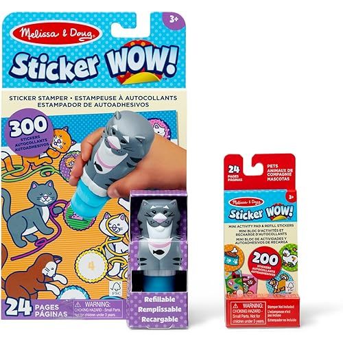 Melissa & Doug Sticker Wow!™ Cat Bundle: 24-Page Activity Book, Refillable Sticker Stamper, Mini Pad, 500 Stickers, Arts and Crafts for Kids Ages 3+