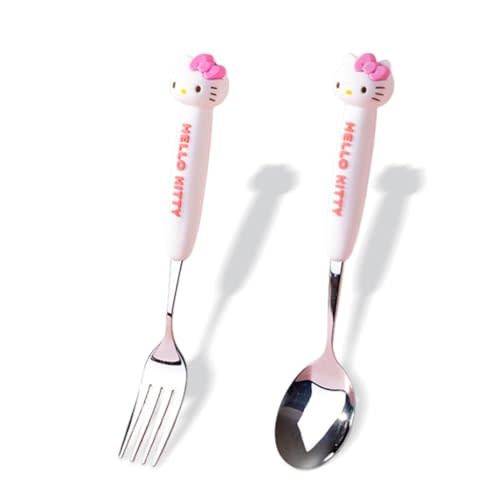 2 PCS Spoon and Fork Set, Cute Stainless Steel Silverware Set, Cartoon Salad Forks and Soup Spoons, Gift for Her
