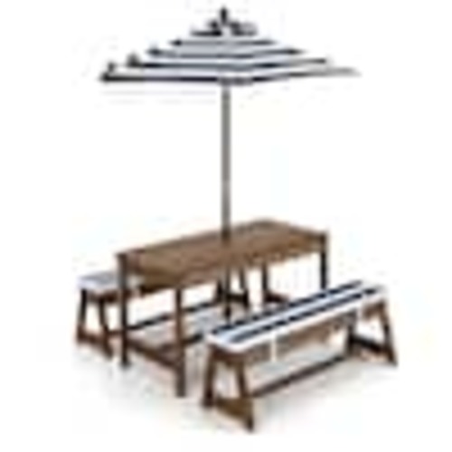 Gymax Wooden Top Blue Kids Wood Picnic Table and Bench Set w/Cushions Umbrella for Indoor Outdoor GYM11312